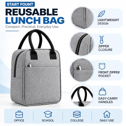 Image of Start Fount Lunch Bag for Office, School & College, Reusable Tiffin Carry Bag with Zipper & Front Pocket, Lightweight Lunch Organizer Bag for Men & Women, Grey