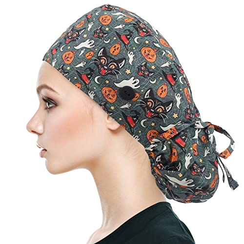 Image of QBA Adjustable Working Cap with Button, Satin-Lined Hat, Cotton Working Hat Sweatband, Elastic Tie Back Hats Unisex