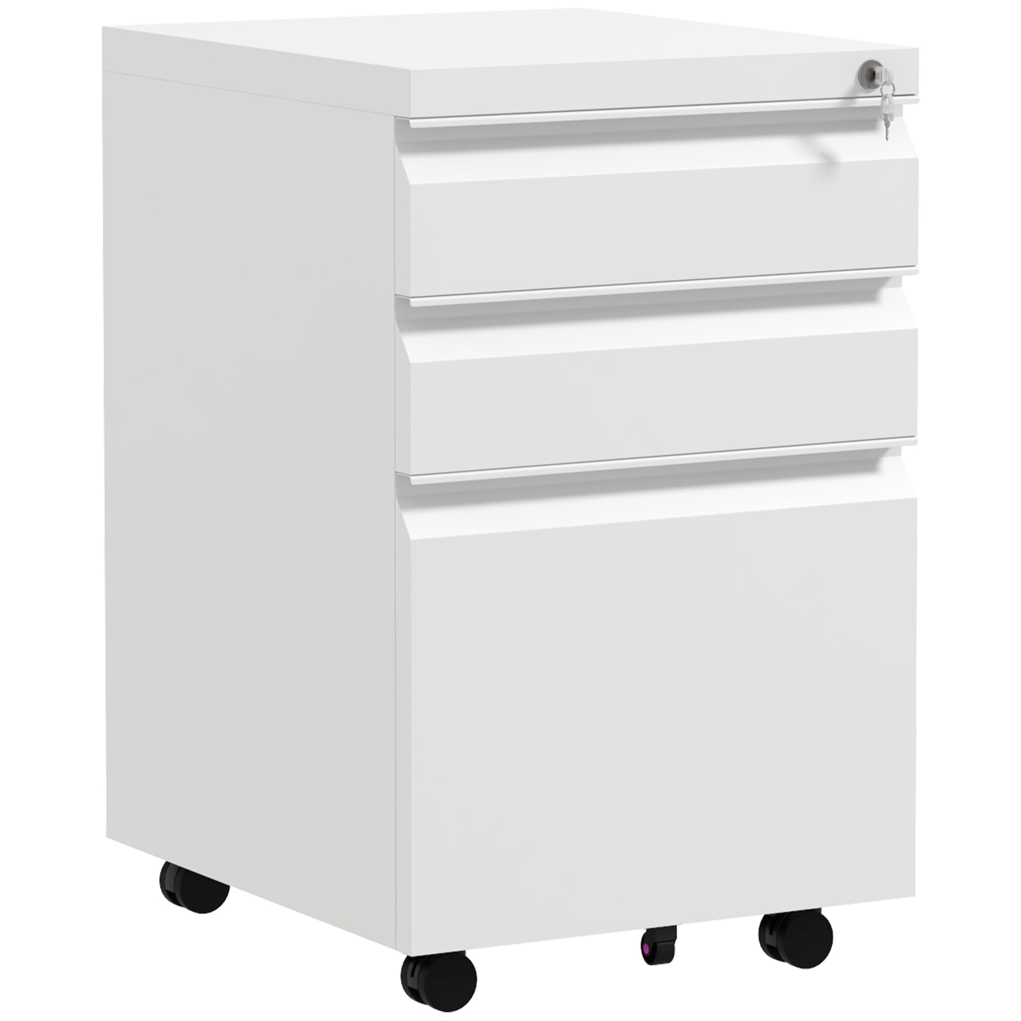 Vinsetto 3 Drawer Vertical File Cabinet with Lock, Steel Filing Cabinet with Wheels and Hanging Bar for A4 Legal and Letter Size Files, Printer Stand with Pre-Assembled Body, White