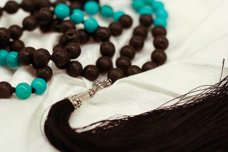 Cuentas Mala de piedra turquesa y lava, collar 108 Mala, nudo, collar WWG, joyería de yoga, cuentas de meditación, joyería espiritual, joyería bohemia, 34inch, Gema