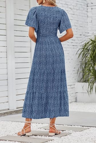 Image of ZESICA Women's 2026 Summer Boho Floral Maxi Dresses Casual Short Flutter Sleeve Smocked Tiered Flowy Dress
