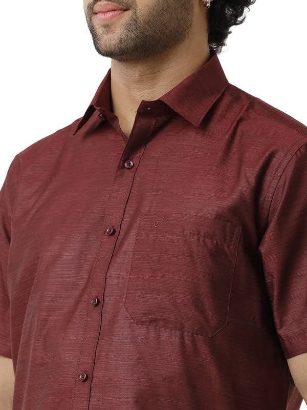 Image of UATHAYAM Divine Maroon Cotton Regular Fit Solid Half Sleeve Shirt And Dhoti Set
