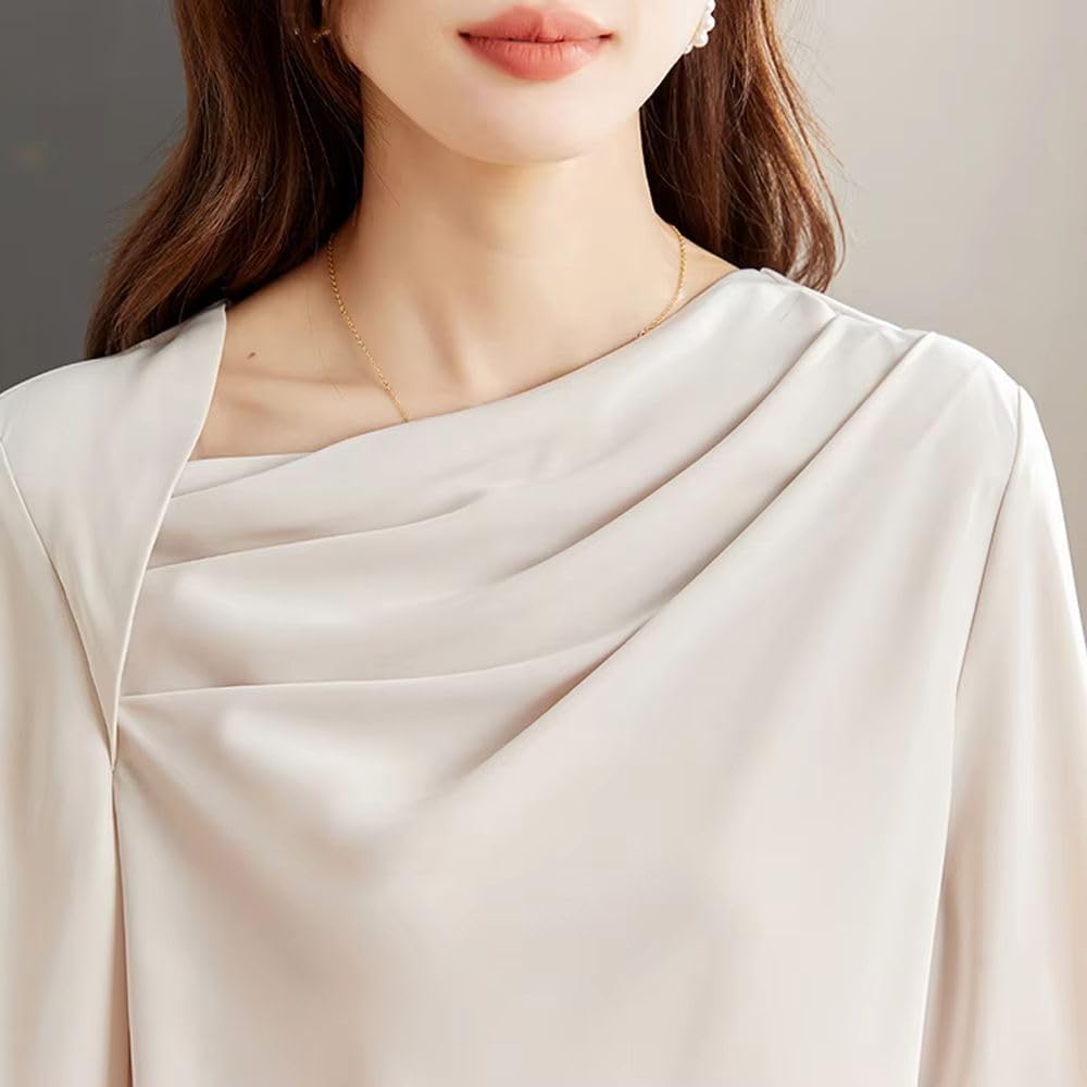 Women's Summer Autumn Long Sleeve Satin Shirt Folds Solid Top Elegant Office Lady Blouse Vintage Clothing