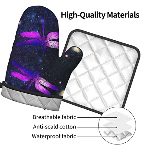 Oven Mitts And Pot Holders Sets,Galaxy Dragonfly Resistant Hot Pads With Polyester Oven Gloves For Kitchen,Cooking,Baking,Grilling #TOP3
