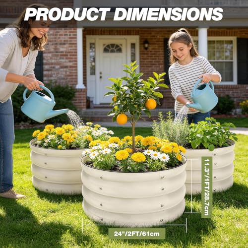 SHALL 8PC Galvanized Raised Garden Bed Kit, 3Pc 2x2x1ft Round Planter Boxes Outdoor W/Mini Seed Spreader, Disk Seeder, 2X Seeding Transplanters, Protective Gloves for Flowers Fruits Vegetables Herbs by SHALL - Image 2