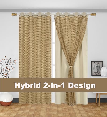 Image of IVAZA Faux Silk Hybrid Designer 100% Blackout Curtain 2-in-1 |Dual-Layer Design with Decorative Mesh Overlay & Tie Ribbon|100% Light Blocking,Thermal Insulated, Window- 5 Feet (Pack of 1) Beige