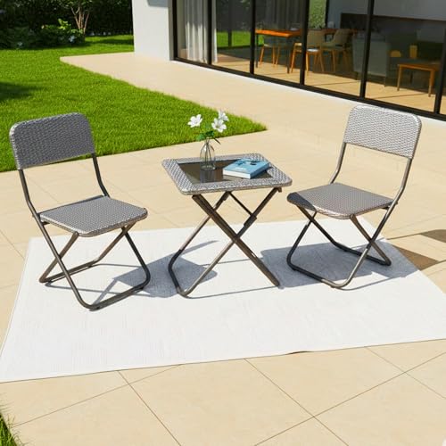 Image of DEVOKO Foldable 3-Piece Outdoor Patio Wicker Furniture Set with Glass Top Table, All-Weather HDPE Rattan, Rustproof Metal Frame for Garden, Balcony & Lawn (Silver Grey)