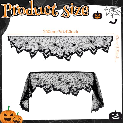 Image of Black Lace Cobweb Halloween Fireplace Mantel Scarf Cover Decor, 18x96 in