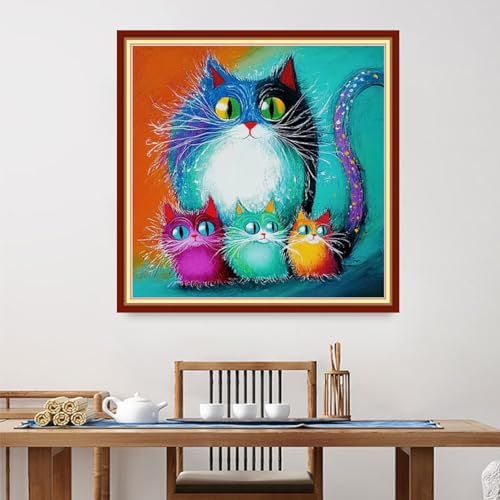 Image of Foxdiviy Stamped Cross Stitch Kits for Beginners Full Range of Cross Stitching 11 CT Printed Cross Stitch Kits for Adults Cross Stitch Patterns Needlepoint Kits-Colorful Cat 18x18 inch