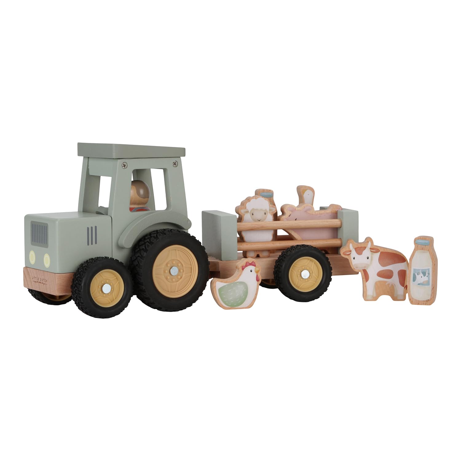 Little Dutch Trattore con rimorchio con animali e personaggio giocattolo in legno per bambini, verde, Little Farm