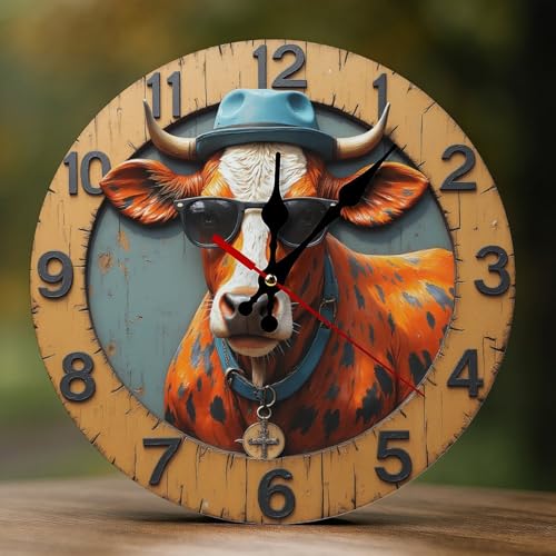 Novastar Relojes de pared decorativos que funcionan con pilas, 25,4 cm – Moderno reloj de pared de madera rústica de vaca naranja 2D sin tictac, silencioso, para sala de estar, dormitorio, oficina