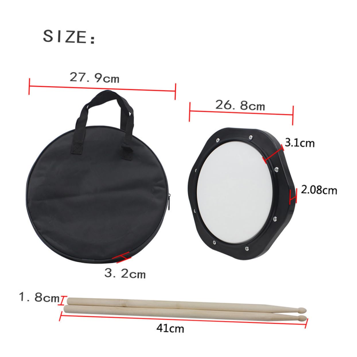 Pad da Allenamento Batteria 10 Pollici Tamburo Nero | Set 2 Bacchette e Borsa Portaoggetti Nera, Plastico, Lavorazione Tradizionale