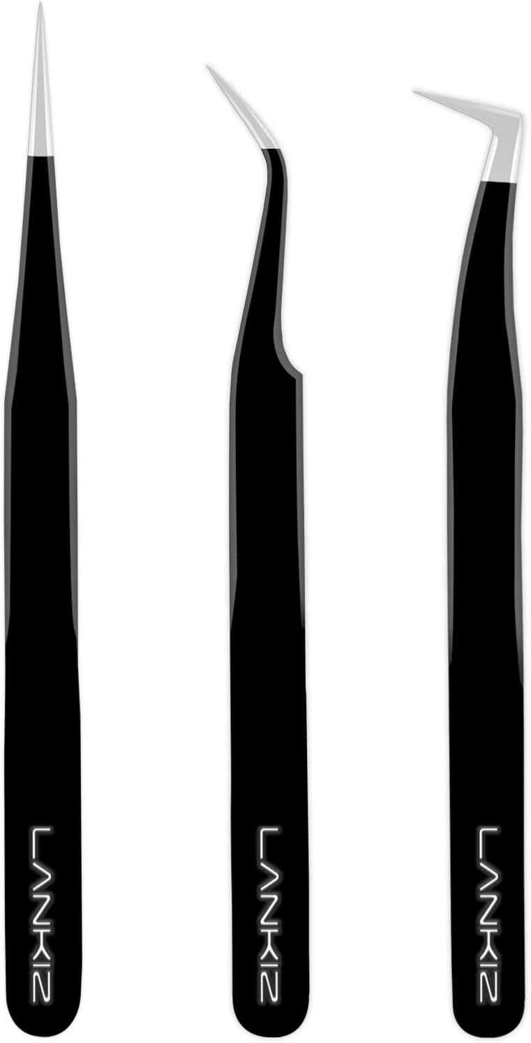 LANKIZ Lash Tweezers - Eyelash Extension Tweezers Set - Professional Straight and Curved Eyelash Tweezer - Volume Isolation Application Tweezer for DIY Lash Extension Beginners(3 PCS,Black)