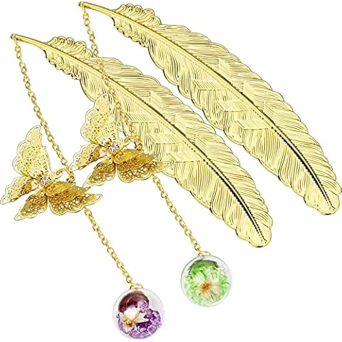 ZIZZON Metal Feather Bookmark with 3D Butterfly Pendant Christmas Thanksgiving Unique Gift for Book Lover Teacher Women and Girls 2 Pack Cover