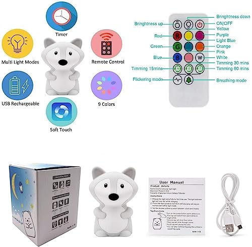 Image of Animal-Shaped Night Light, Rechargeable LED Soft Silicone (BPA Free) Bedside Lamp for Children /Adults, Adjustable Brightness and 9 Colors by Touch Control & Remote Control (Big Fox)