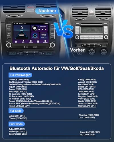 Ledio Bluetooth Autoradio mit Bildschirm für VW Golf 5 6 T5 Polo 6r Caddy Passat Touran Seat, Auto Radio mit Navi WLAN FM/AM Dab Radio, Apple Carplay Android Auto Mirrorlink 2Din 7 Zoll Android 14 GPS