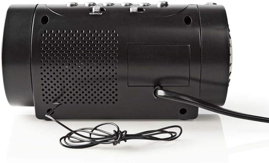 Cùl view of Nedis CLAR005BK Projection Alarm Clock Radio showing the power cable and speaker grille.