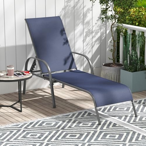 Image of Giantex Patio Lounge Chair, Outdoor Chaise Lounge with 5 Adjustable Backrest, Sturdy Steel Frame, Sunbathing Recliner, Tanning Chair for Beach, Outside, Yard, Balcony, Pool Chairs, Navy
