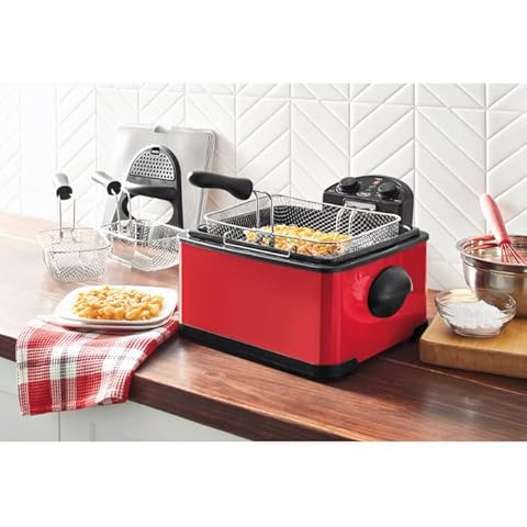 Montgomery Ward Ginny's Brand Deep Fryer with Timer - Kitchen Essentials, 3 Baskets, Built in Timer, Delicious Red, 4 Quart Tank Cover