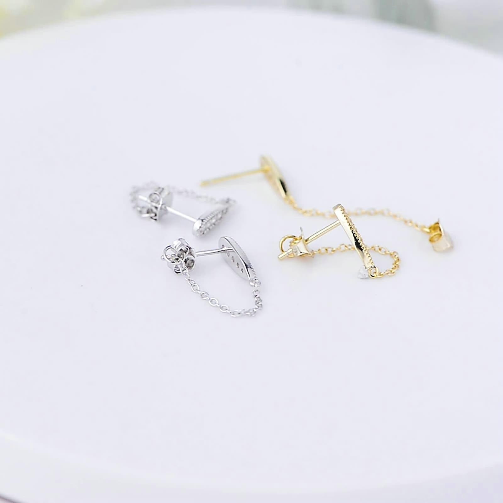 Pendientes de oro auténtico de 18 quilates de oro blanco 750 con diamante, cadena de pendientes