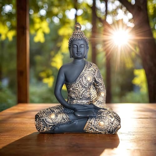Image of YASHONIDHI Sitting Buddha Statue for Home and Office Decor, Resin, Black and Gold, Height: 24 cm, Showpiece