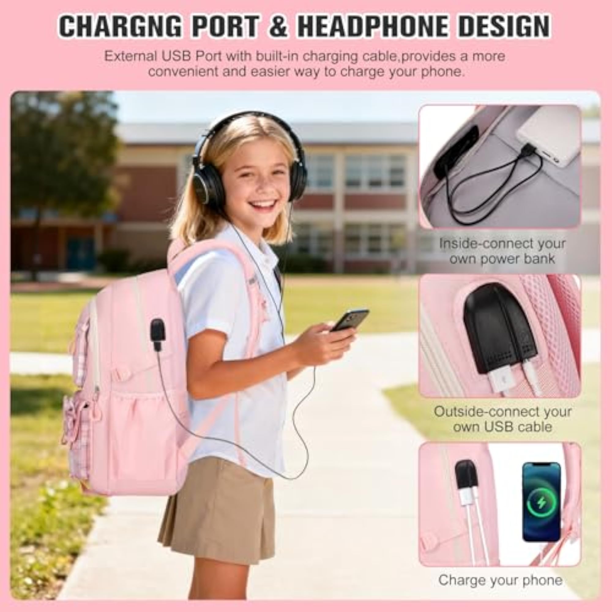 Girls' Plaid Bow Backpack with Lunch Bag & Pen Case, Pink