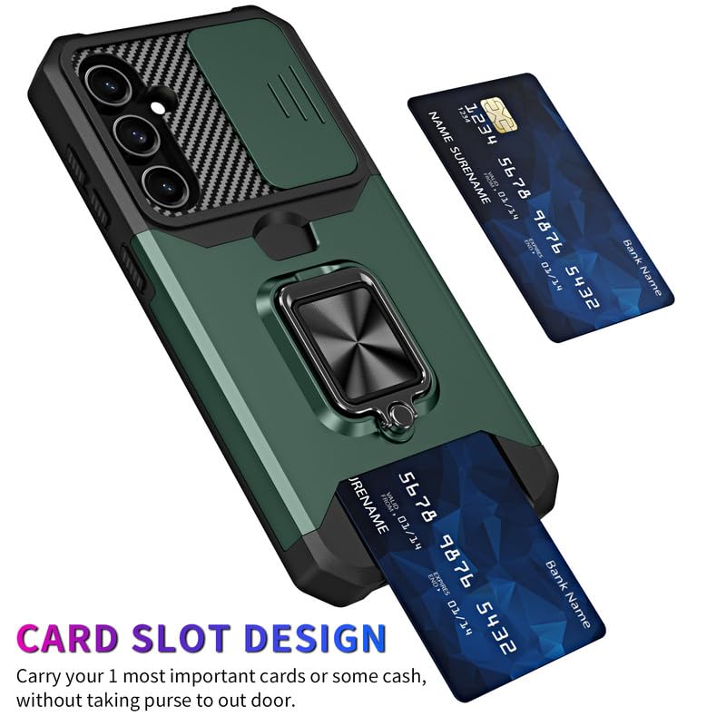 Image of LuxuryKase Shockproof Armor Case for Samsung Galaxy S24 FE | Slide Camera Cover | Hidden Card Slot | Rotating Ring Kickstand | Magnetic Car Mount Support | Military Grade Protection - Green