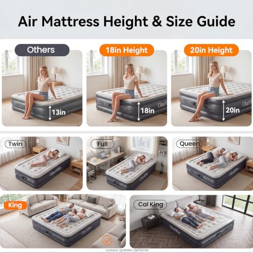 Image of OlarHike 20 inch H King Air Mattress with Built in Pump,Inflatable Bed, 850lb