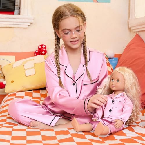 QPANCY Matching Girls&Dolls Pjs Set Long Sleeve Silk Pajamas Button Down 2 Piece Satin Sleepwear4