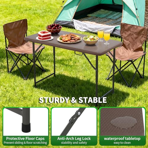 Image of BestOffice 4 FT Picnic Table Folding Table Camping Plastic Table Fold Up Table Lock for Party Event, Brown Ratten