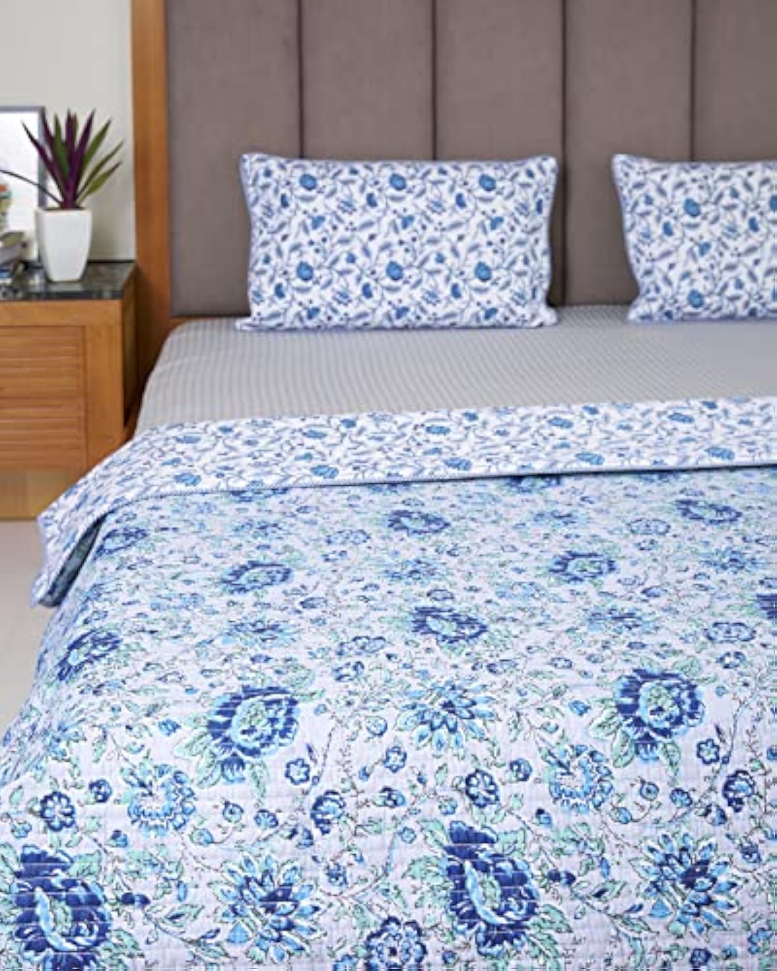 Reversible Cotton Quilted Bedcover with 2 Pillow Covers, Blue & Grey