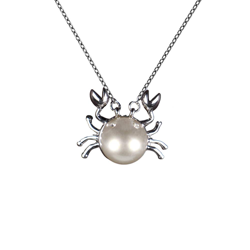 Ciondolo Crab | argento Sterling 925 | placcato oro bianco 18 K | gattuccio con perla e occhi Zirconia scintillanti | Catena 40 + 5 cm