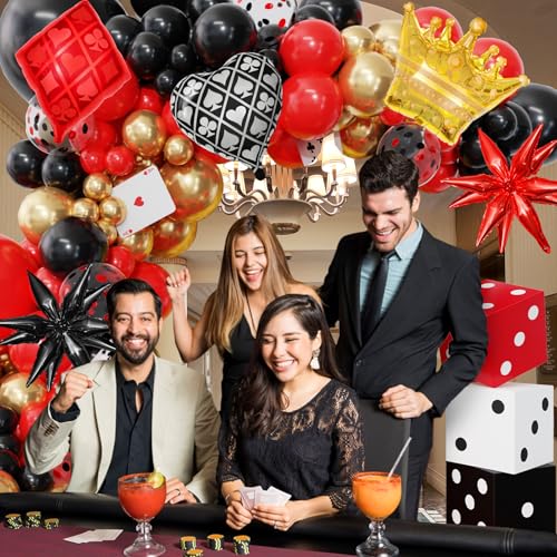 Image of 144PCS Casino Theme Party Decorations Dice Boxes | Black Red Dice Crown Poker Star Foil Casino Balloon Arch Kit for Las Vegas Game Themed Casino Night Birthday Party Supplies