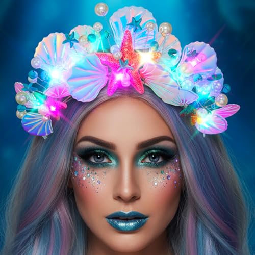 Handcess Leuchtendes Muschel Tiara und Kronen LED Seestern Kronen Stirnband leuchtende Meerjungfrau Kostüm Kopfbedeckung Party Rave Haarschmuck für Frauen
