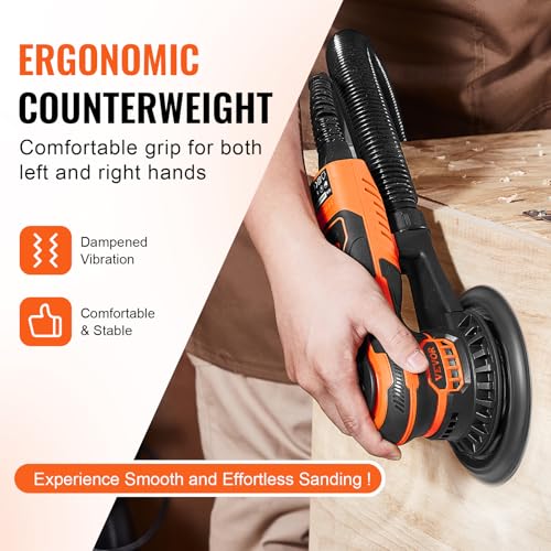 VEVOR Excentrische schuurmachine, 150 mm, borstelloze excentrische schuurmachine, 350 W, 10.000 PRM, elektrische handschuurmachine met 6 variabele snelheden, met 10 schuurbladen, stofplug - Afbeelding 5