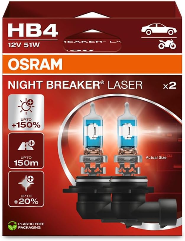 OSRAM NIGHT BREAKER LASER HB4, +150% más de brillo, lámpara de faro halógena, 9006NL-2HB, 12V, caja plegable colgante (2 lámparas)