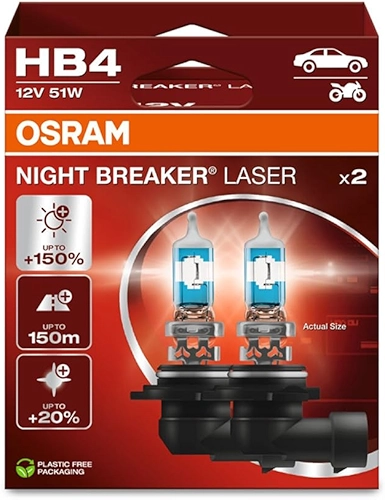 Osram Night Breaker Laser HB4, +150% mais brilho, lâmpada de farol de halogêneo, 9006NL-2HB, carro de 12 V, caixa suspensa (2 lâmpadas), branco