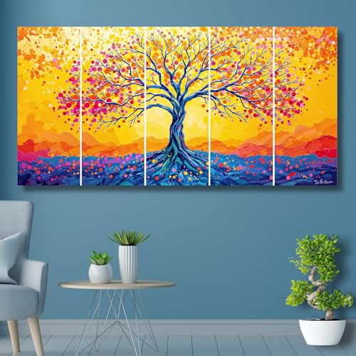 Image of Kalpvriksh Tree Painting MDF Wall Art | Sparkle Laminated Golden Tree Painting in 5 Pieces | Big Size Wall Art for Living Room, Office, Bedroom, and Home Decor