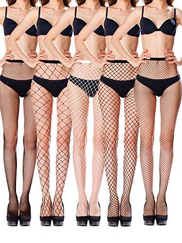 5 Pairs Women Fishnet Stockings Lace Thigh High Stockings High Waist Tights, Black, White