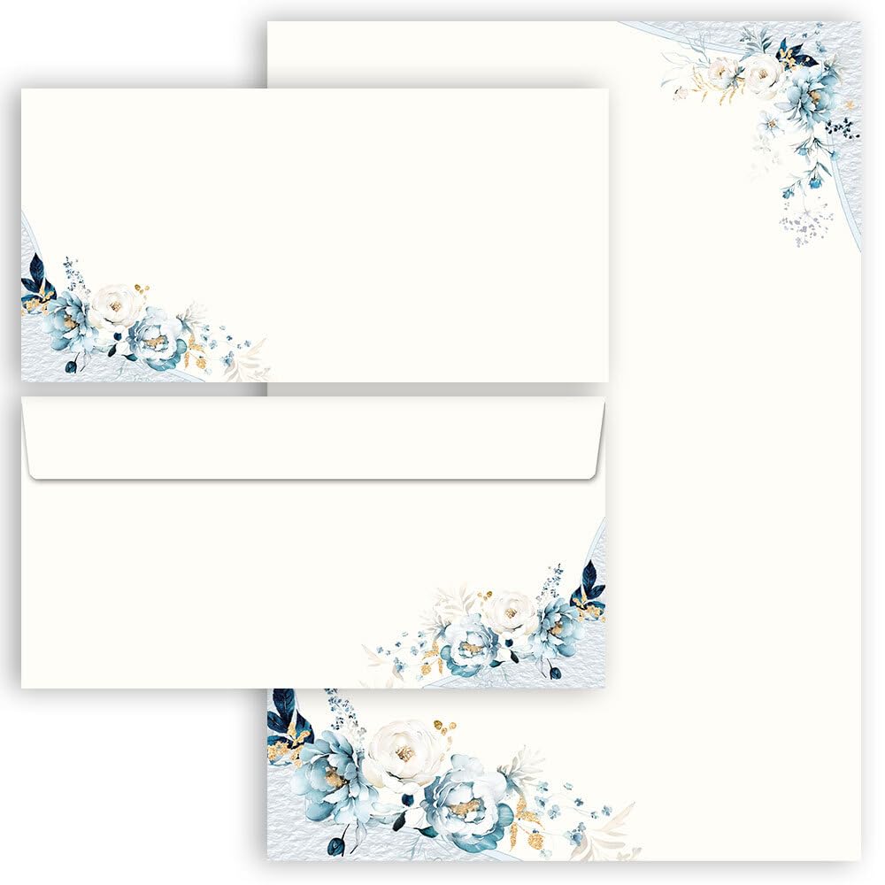 Writing Paper Set, 100 Pieces, Blue Flowers, 50 Sheets of Writing Paper + 50 Matching Envelopes Without Window, DIN A4 & DIN Long in a Set, Letter Paper with Envelope