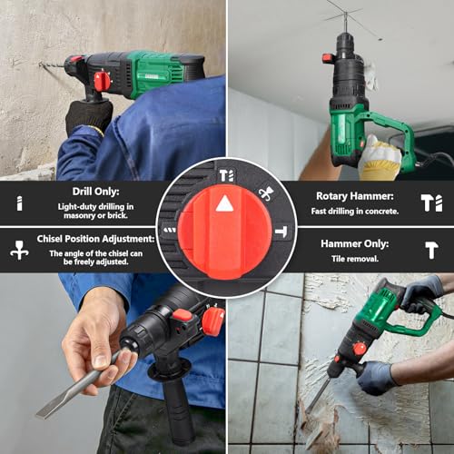 Image of 1 inch SDS-Plus Lightweight Concrete Rotary Hammer Drill w / 1 /2 inch Adapter | 9 Amp Corded Electric 7.2 Lbs 4 Functions & Reverse Variable Speed Safety Clutch Rotomartillo w / 3 Drill Bits 2 Chisels Case
