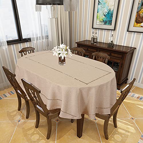 Grelucgo Solid Beige Color Double Hemstitched Dining Oval Tablecloth (Beige, Oval 60X102 Inches) #TOP1