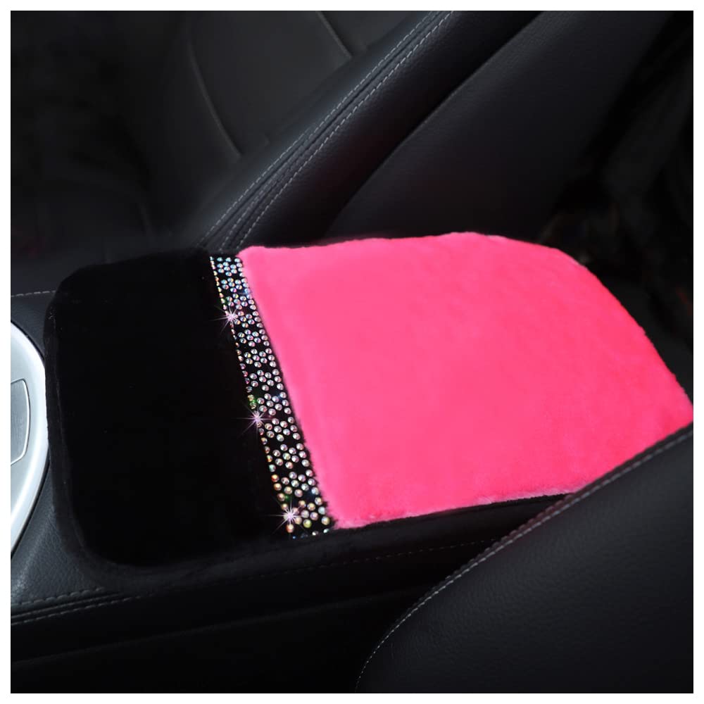Soft Furry Center Console Cover,with Bling Rhinestones Car Armrest Cushion,Warm and Anti-Scratch Car Interior Accessories Decor for SUV/Truck/Car (Rose)