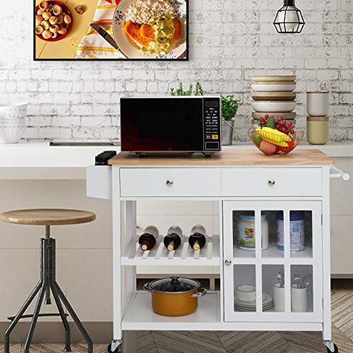 FCH Rolling Kitchen Island Cart Portable White Coffee Cart with a Glass Door 2 Drawers Buffet Cabinet Serving Bar Trolley Microwave Stand Kitchen Storage with Adjustable Shelf,Rubberwood Countertop