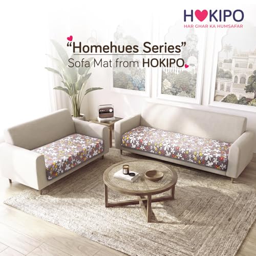 Image of HOKIPO 'Homehues Series' Printed Quilted 5 Seater Sofa Cover Set - Washable 3+2 Sofa Cover Mat | Pastel Brown Sandwort Flower (IN-807 + IN-809 - D1)