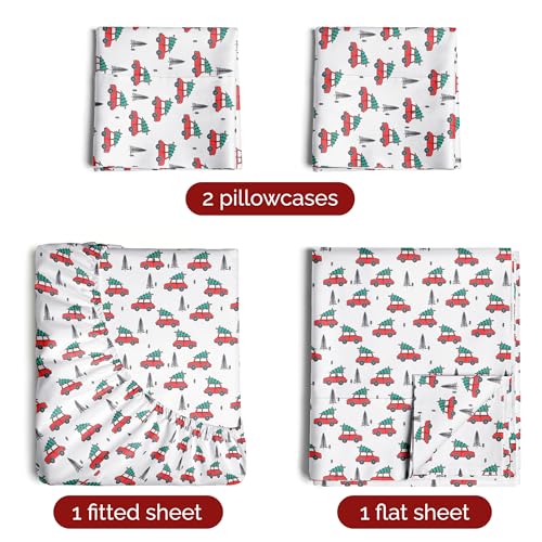 King Christmas Christmas Cars Sheet Set - Holiday Xmas Pattern Bedding Set - Deep Pockets - Snug Fit - 4 Piece - Wrinkle Free - Cooling Comfy Festive Winter Holiday Sheets for Women, Men, Kids & Teens
