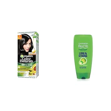 Garnier Color Naturals Crome hair color, Shade 1 Natural Black, 70ml + 60g & Garnier Fructis Long and Strong Strengthening Conditioner, 175ml