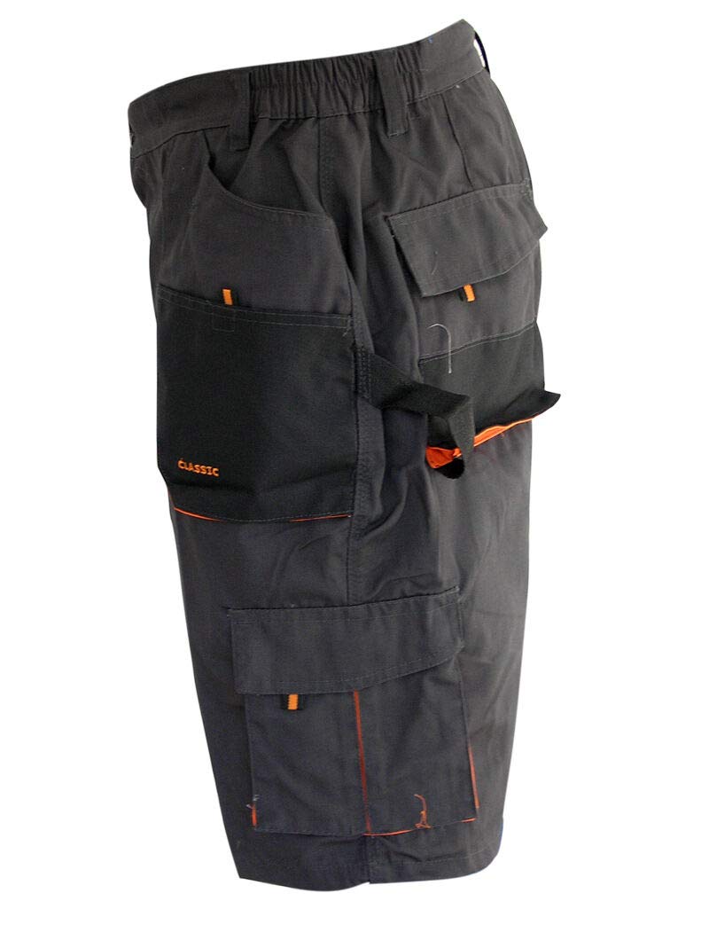 ART MAS Classic Men's Trade Summer Protective Short Work Pants for Men Safety Shorts Elasticated Waist (40W / 3XL / EU56, Dark Grey with Orange Inserts)