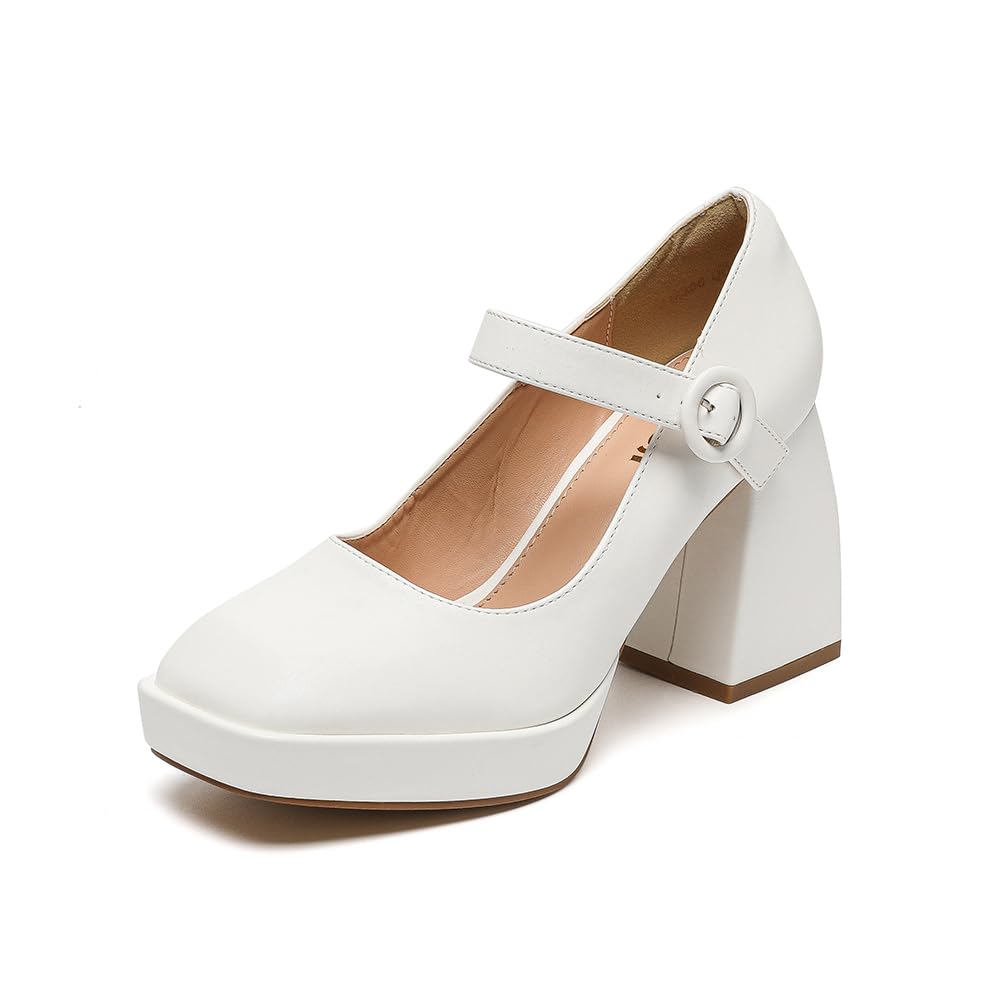 Amoji Women's 4 Inch Platform Mary Janes Shoes High Chunky Heels Bridal Dress Wedding Party Pump Shoes 306
