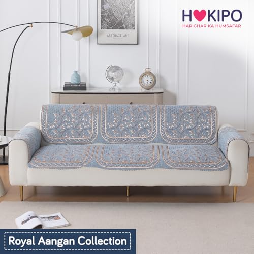 Image of HOKIPO Neel Baari Premium Chenille Jacquard Sofa Cover for 3 Seater for Seat & Back, 'Royal Aangan Series' (IN-1008-L3*2)